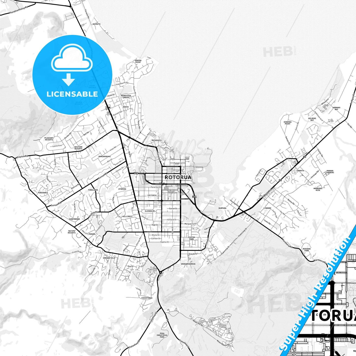 Rotorua, New Zealand Light Map with Street Names, City Names, and Districts