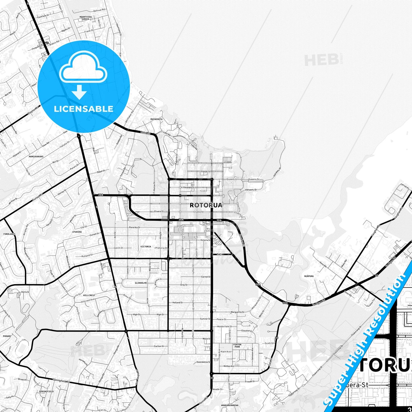 Rotorua, New Zealand Light Map with Street Names, City Names, and Districts