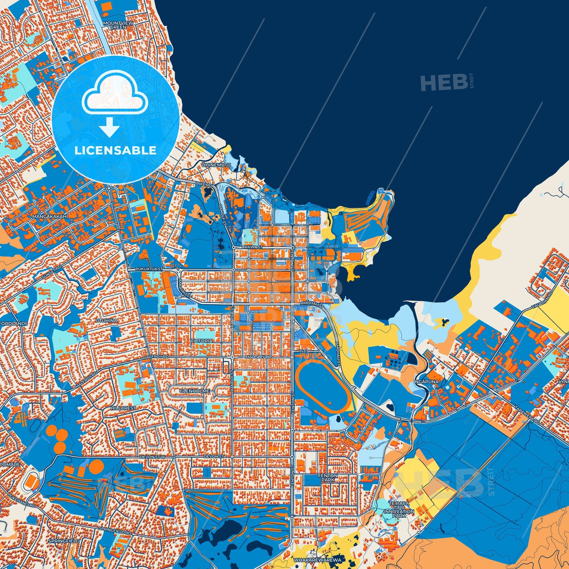Colorful Rotorua Street Map with Labels and Buildings