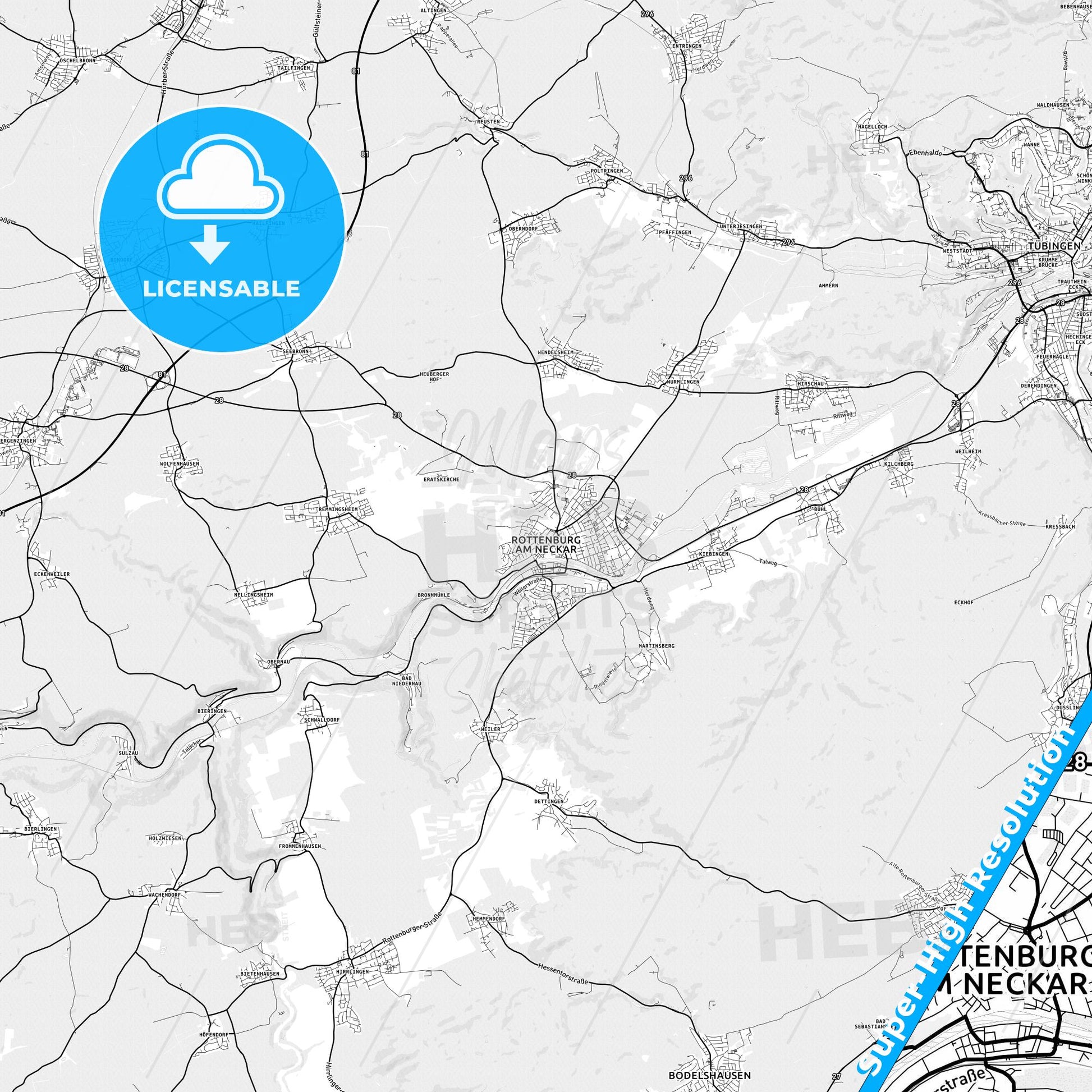 Rottenburg am Neckar, Germany light map with streetnames, citynames and districts