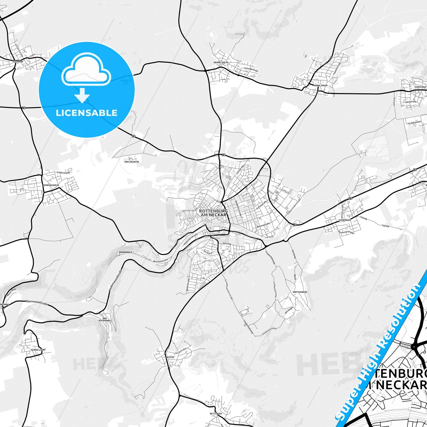 Rottenburg am Neckar, Germany Light Map with Street Names, City Names, and Districts