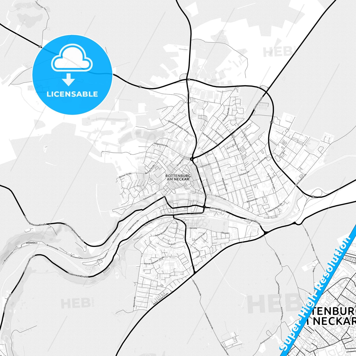 Rottenburg am Neckar, Germany Light Map with Street Names, City Names, and Districts