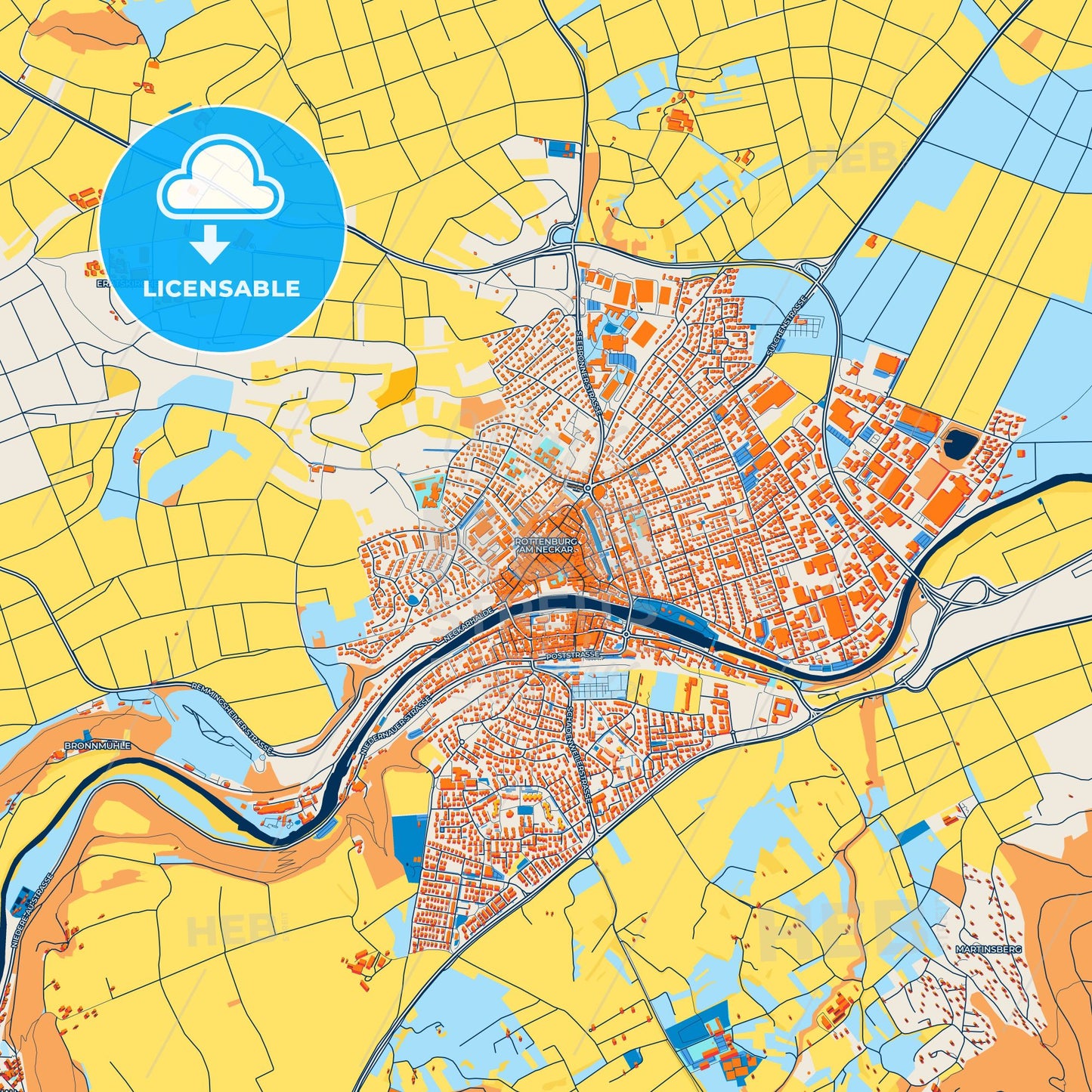 Colorful Rottenburg am Neckar Street Map with Labels and Buildings