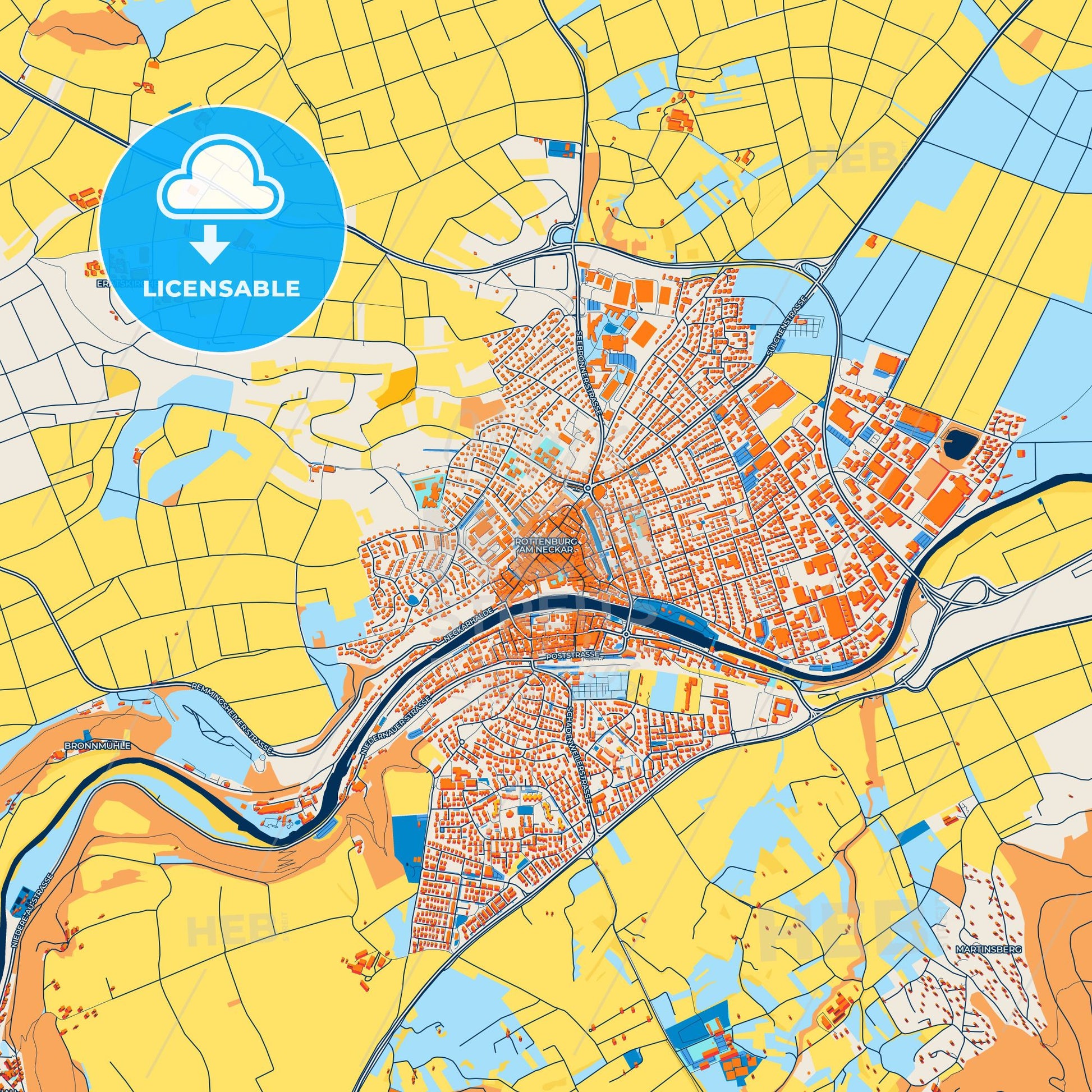 Colorful Rottenburg am Neckar Street Map with Labels and Buildings