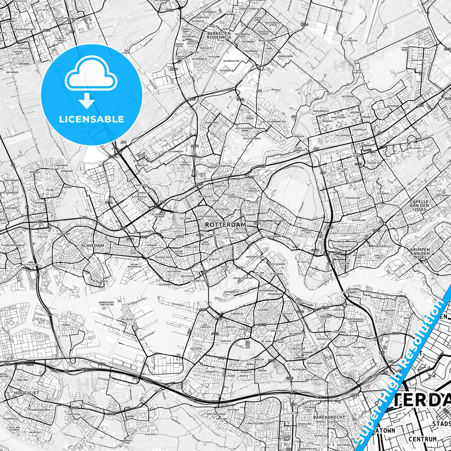 Rotterdam, Netherlands light map with streetnames, citynames and districts