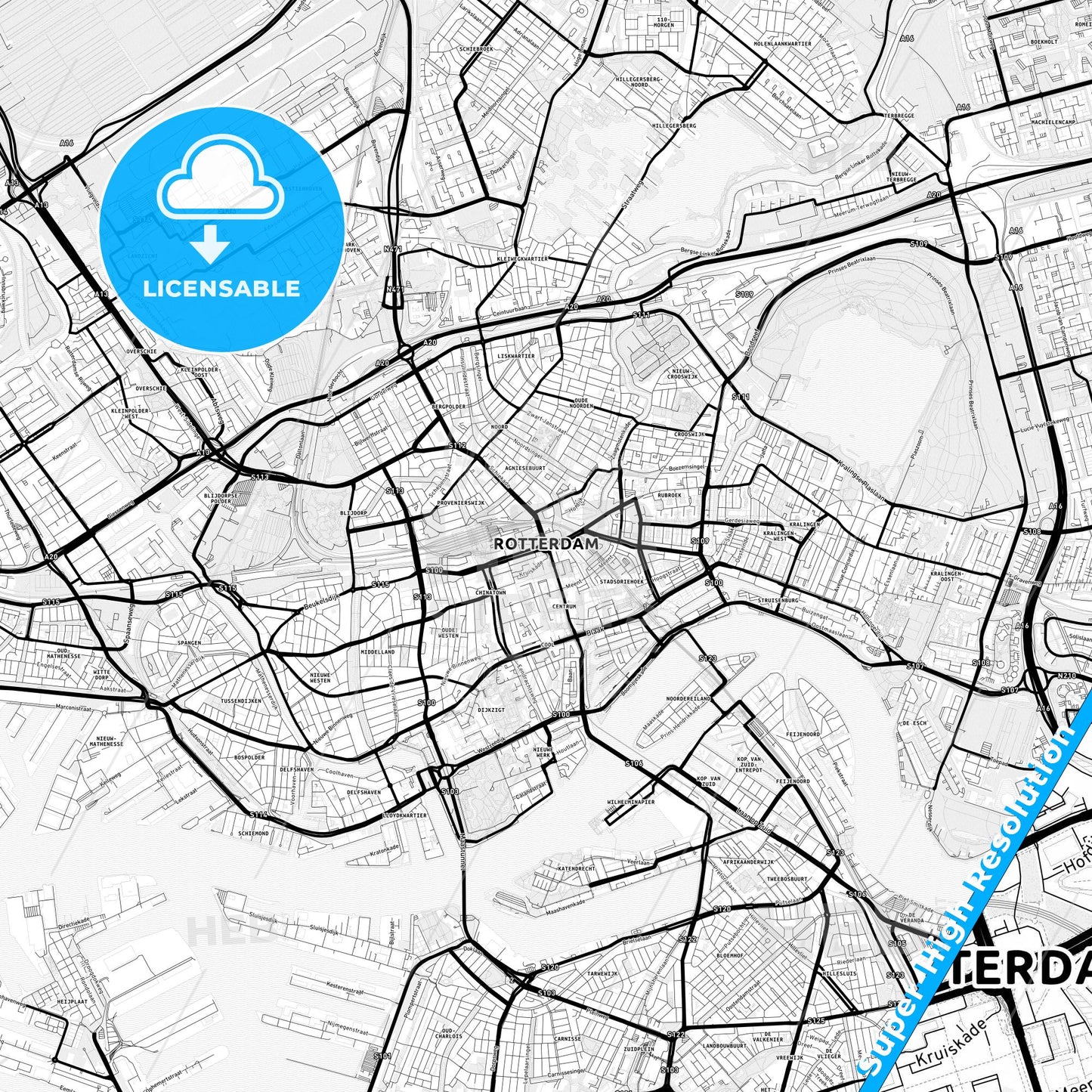 Rotterdam, Netherlands Light Map with Street Names, City Names, and Districts