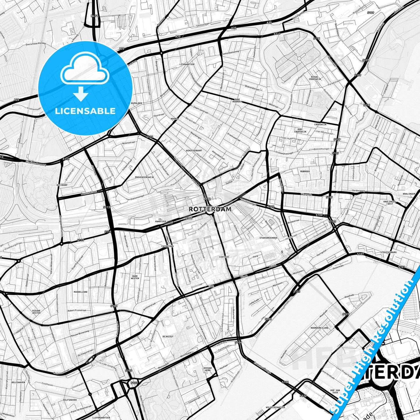 Rotterdam, Netherlands Light Map with Street Names, City Names, and Districts