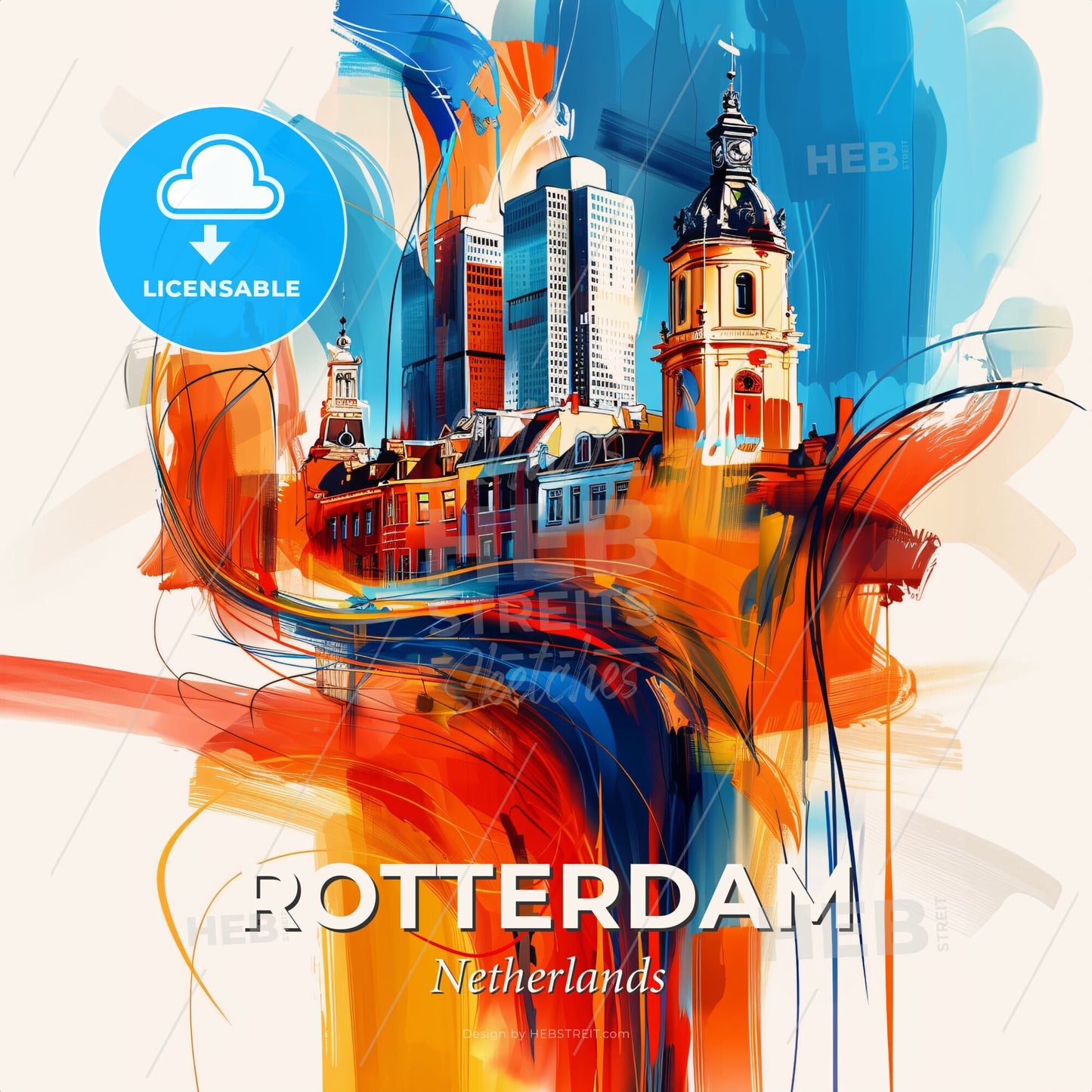 Vibrant Rotterdam, Netherlands - A Painting Of A Building With A Tower And A Church - Square format print template