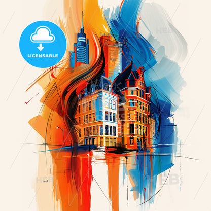 Vibrant Rotterdam, Netherlands - A Painting Of Buildings And A Fire