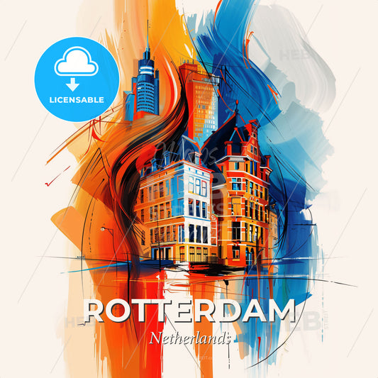 Vibrant Rotterdam, Netherlands - A Painting Of Buildings And A Fire - Square format print template