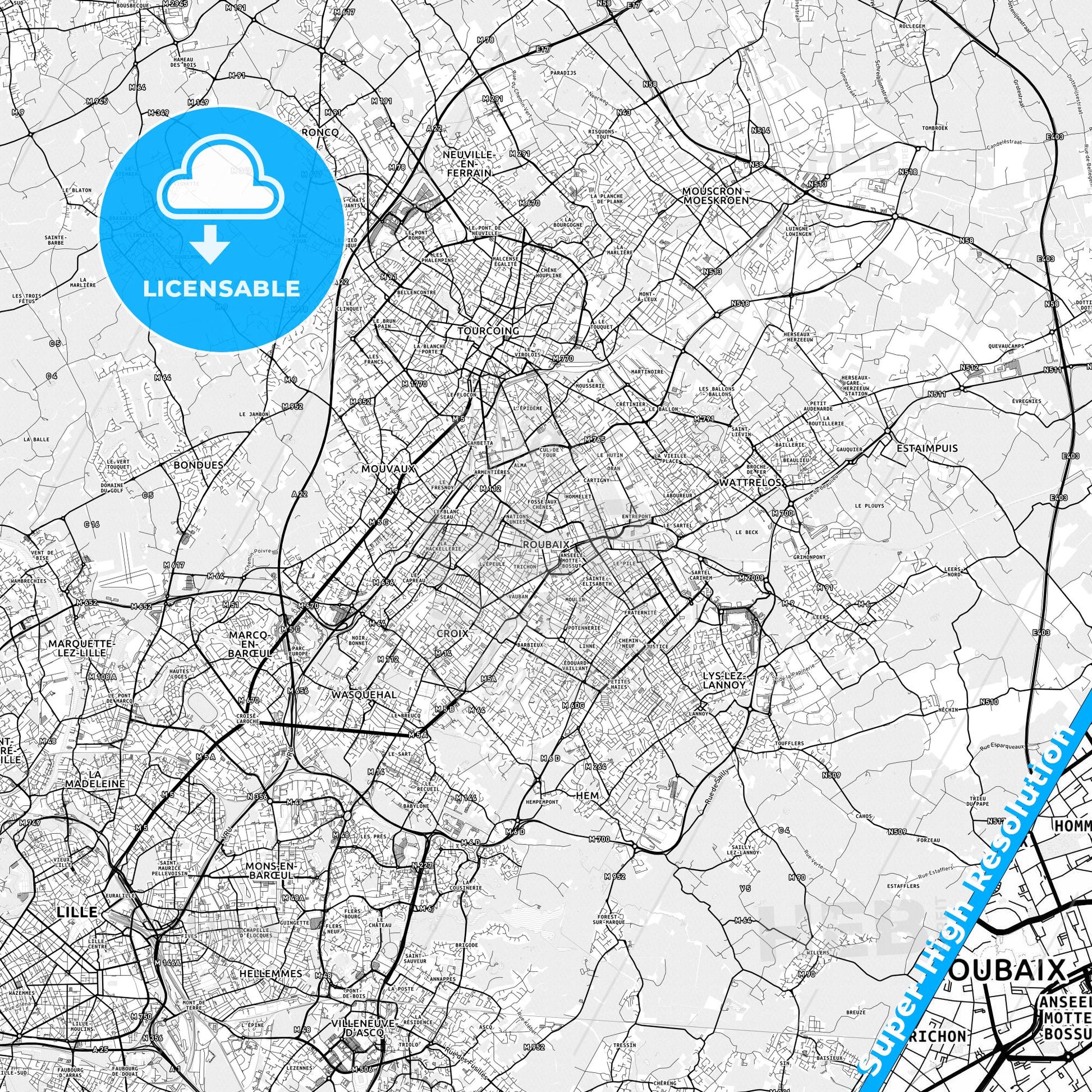 Roubaix, France light map with streetnames, citynames and districts