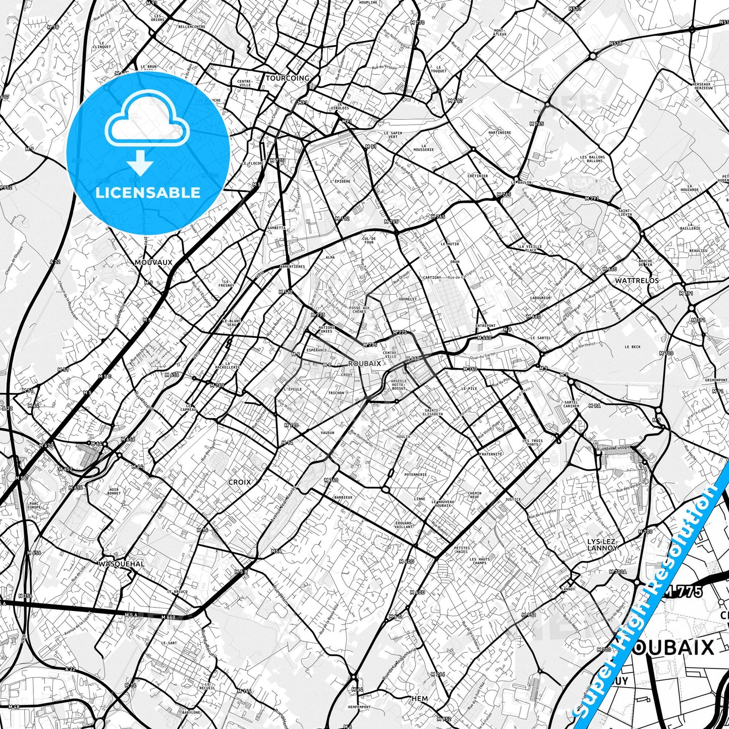 Roubaix, France Light Map with Street Names, City Names, and Districts
