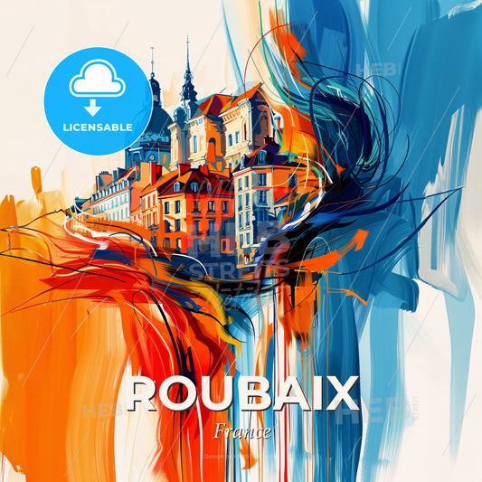 Vibrant Roubaix, France - A Painting Of Buildings And A Blue And Orange Background - Square format print template