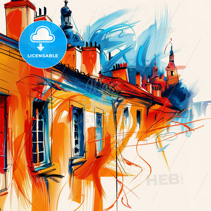 Vibrant Roubaix, France - A Painting Of A Building With A Roof And Towers