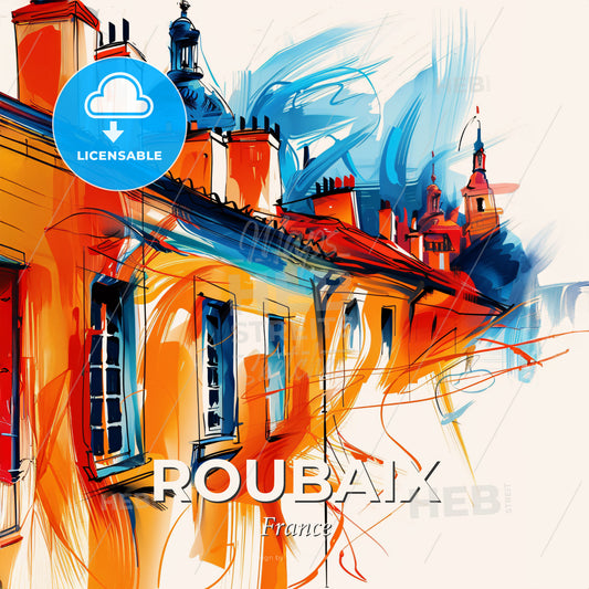 Vibrant Roubaix, France - A Painting Of A Building With A Roof And Towers - Square format print template