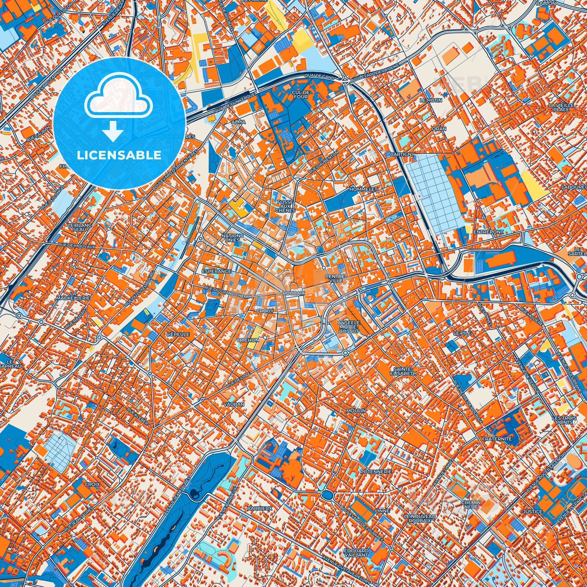 Colorful Roubaix Street Map With Labels And Buildings – HEBSTREITS