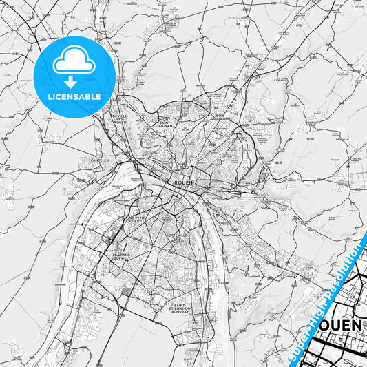 Rouen, France light map with streetnames, citynames and districts