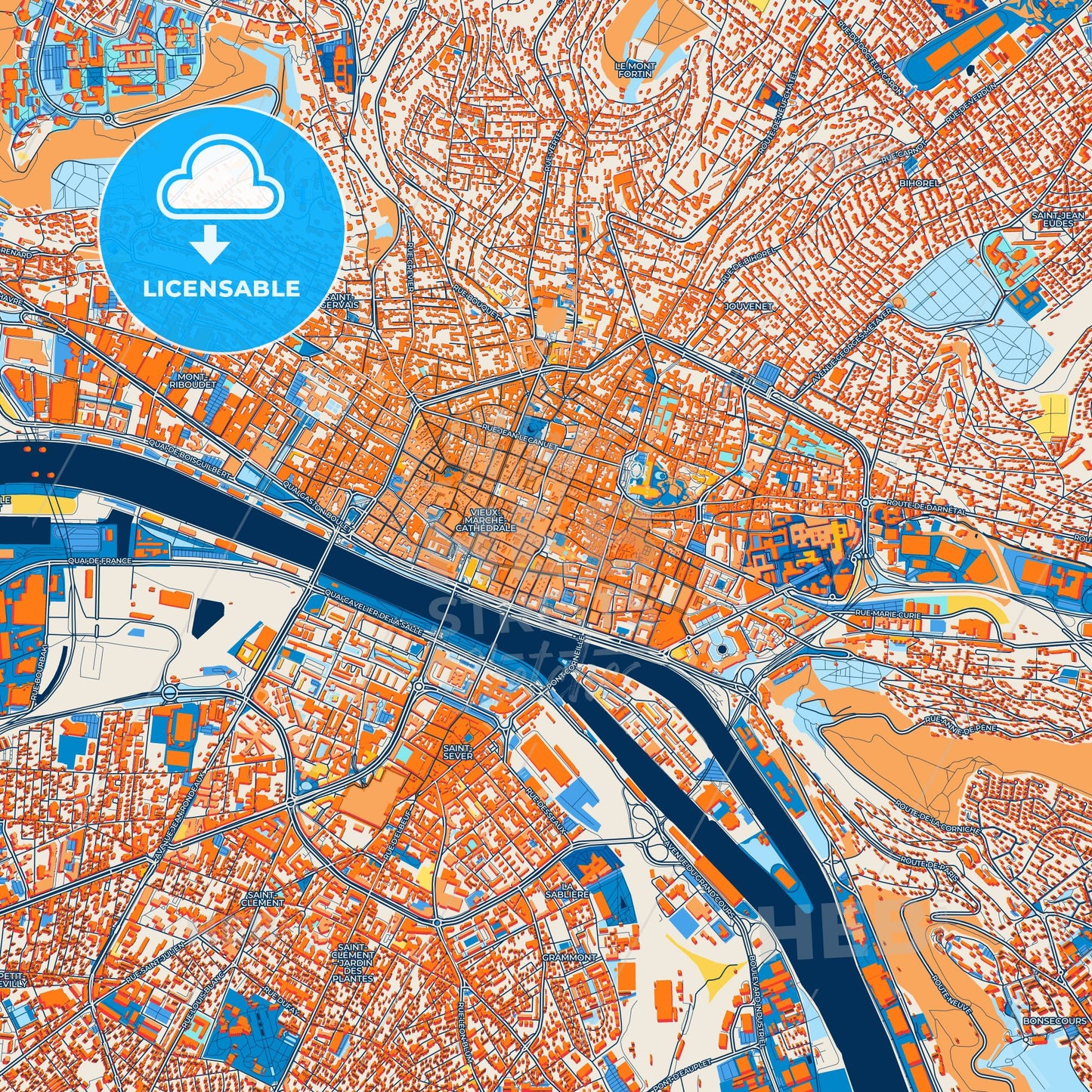 Colorful Rouen Street Map with Labels and Buildings
