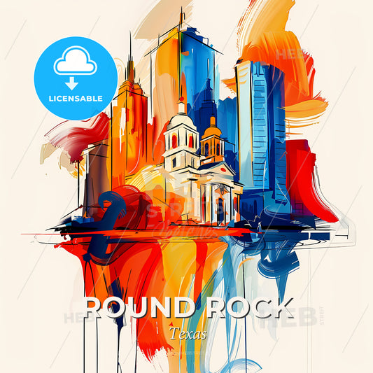 Vibrant Round Rock, Texas - A Colorful Cityscape With Buildings And A White Background - Square format print template