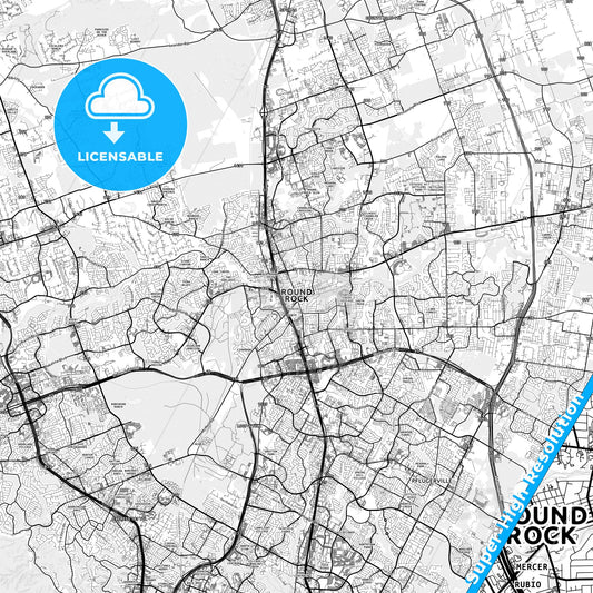 Round Rock, Texas light map with streetnames, citynames and districts