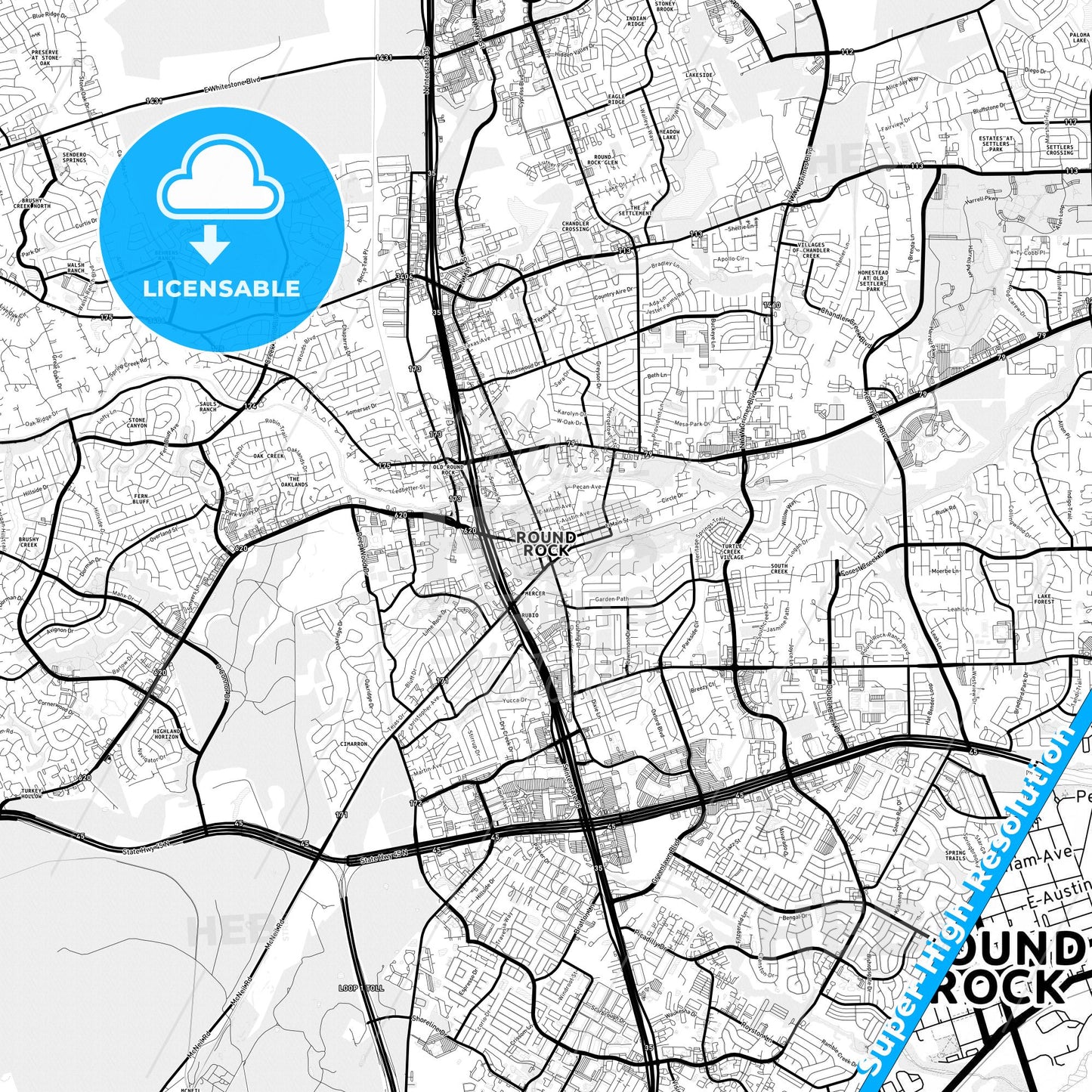 Round Rock, Texas Light Map with Street Names, City Names, and Districts
