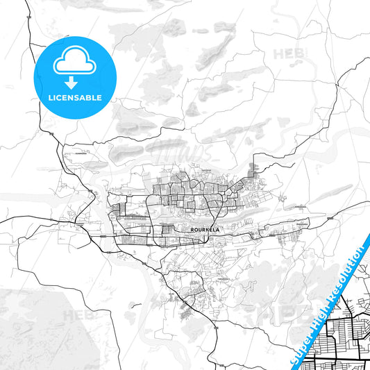 Rourkela, India light map with streetnames, citynames and districts