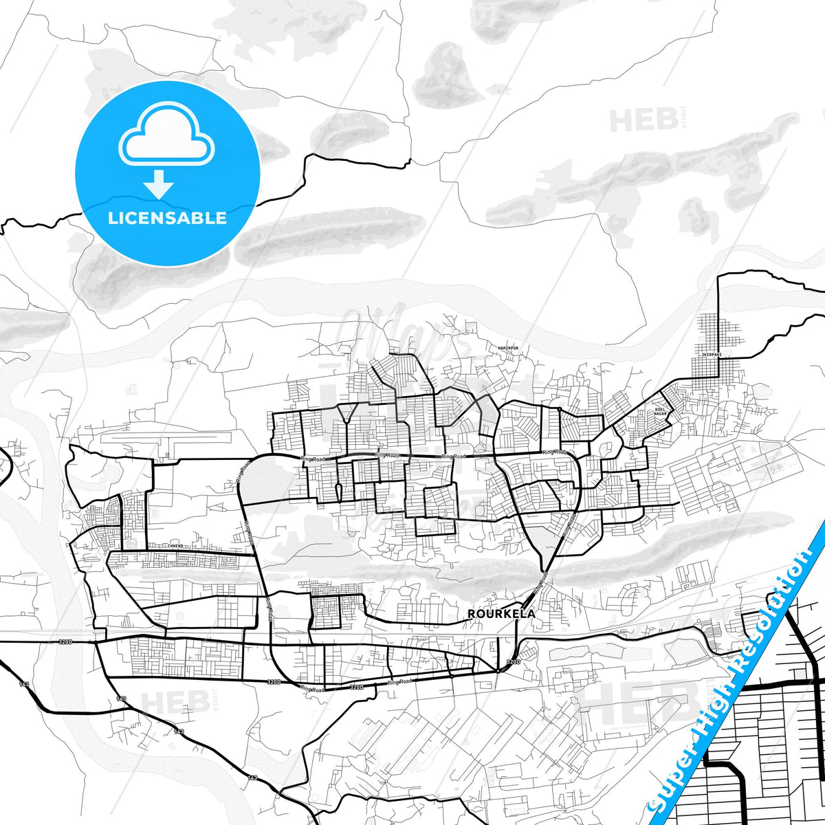 Rourkela, India Light Map with Street Names, City Names, and Districts