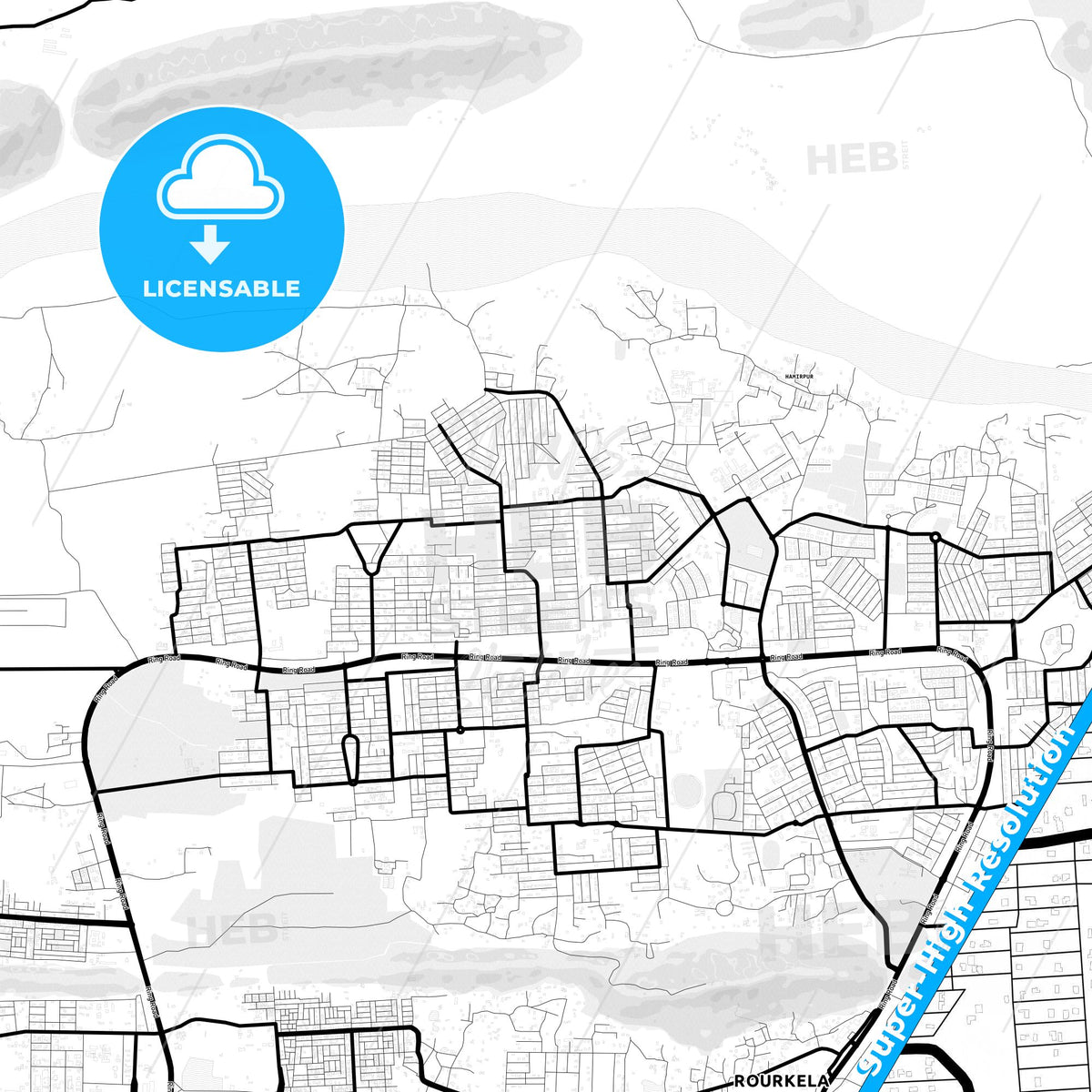 Rourkela, India Light Map with Street Names, City Names, and Districts