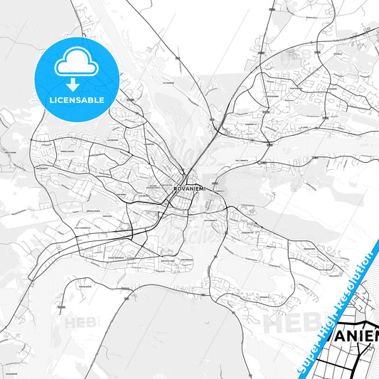 Rovaniemi, Finland light map with streetnames, citynames and districts