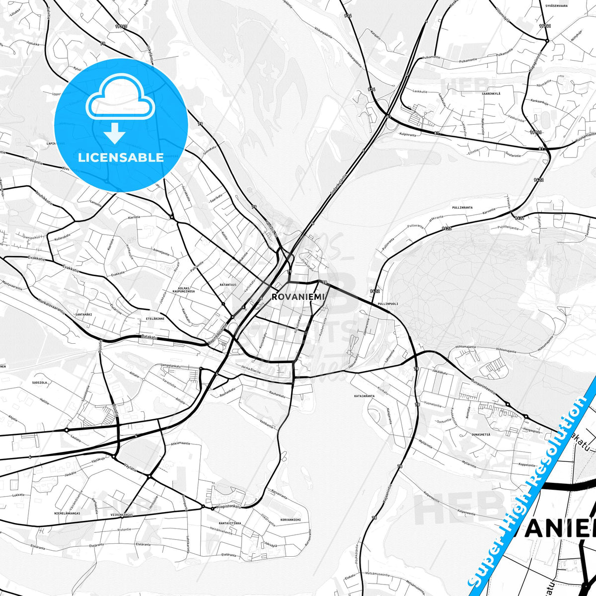 Rovaniemi, Finland Light Map with Street Names, City Names, and Districts