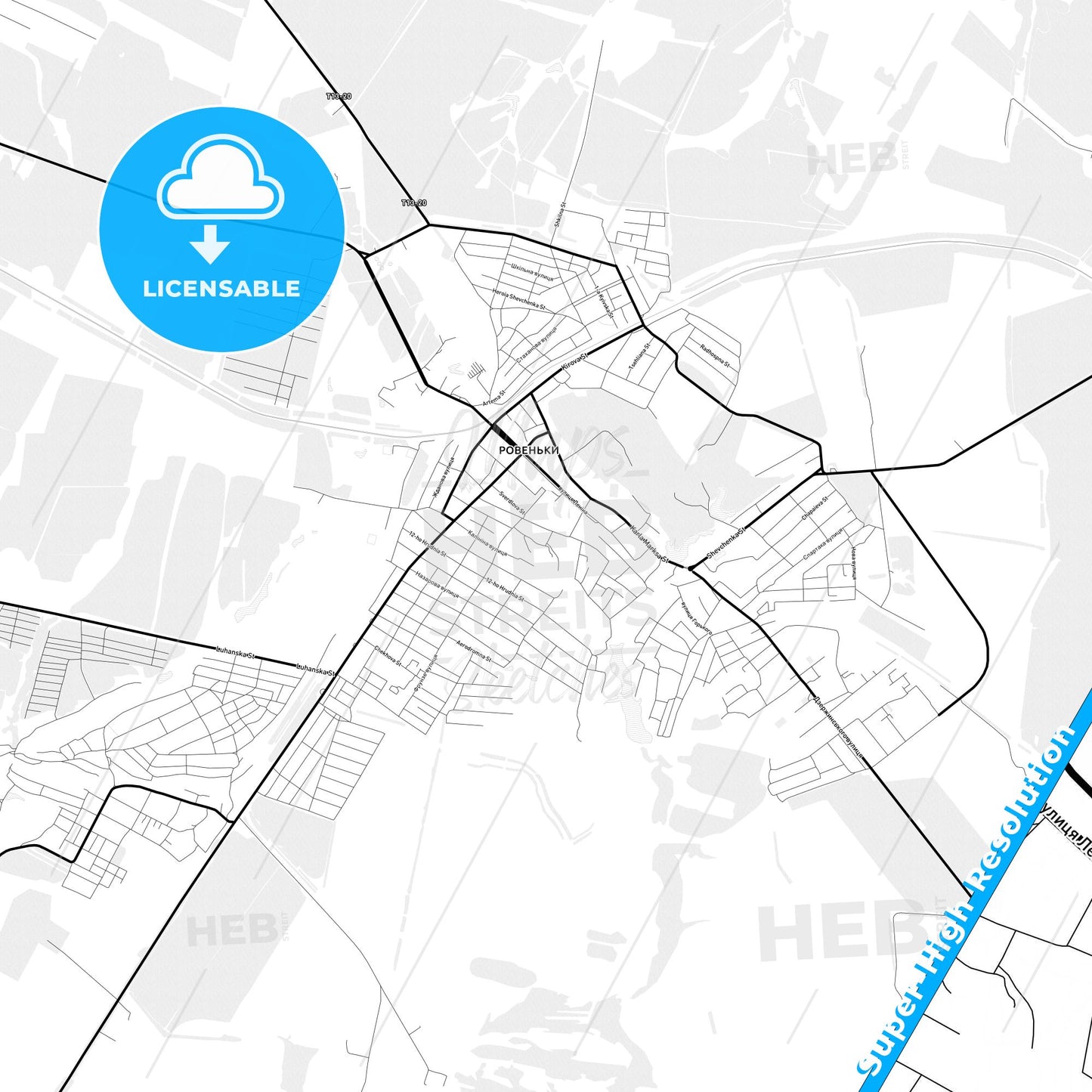 Rovenky, Ukraine Light Map with Street Names, City Names, and Districts