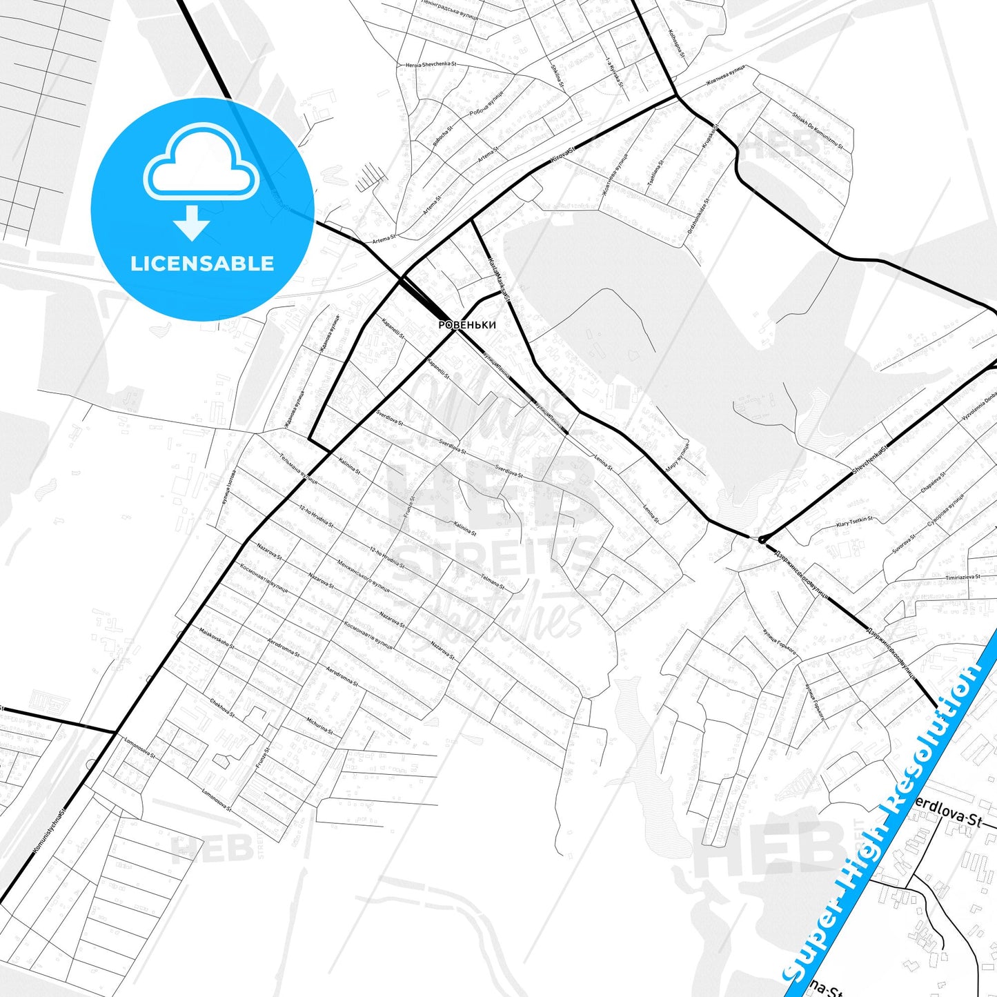 Rovenky, Ukraine Light Map with Street Names, City Names, and Districts