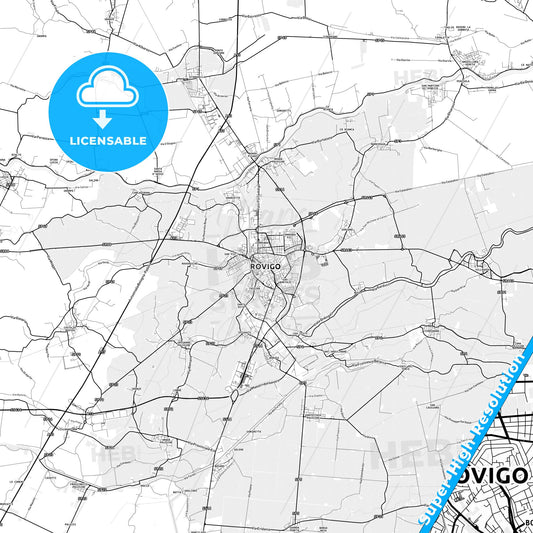 Rovigo, Italy light map with streetnames, citynames and districts