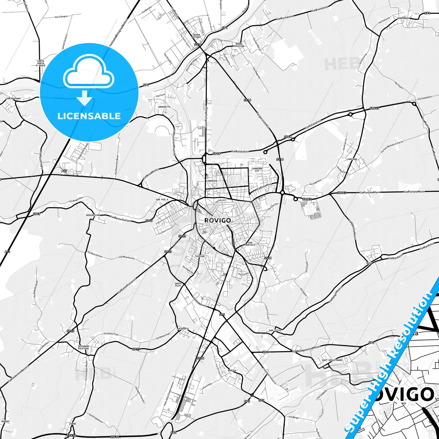 Rovigo, Italy Light Map with Street Names, City Names, and Districts