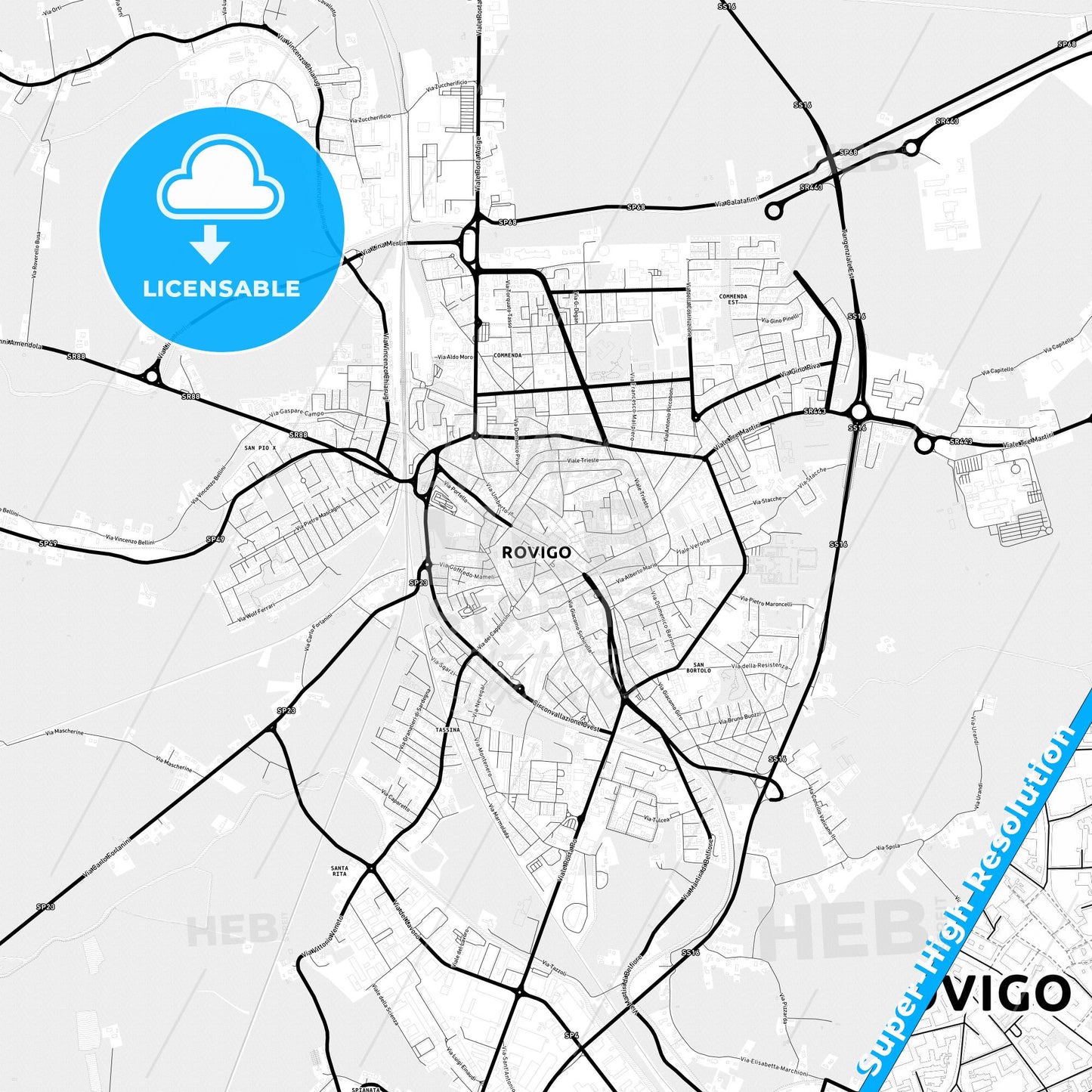 Rovigo, Italy Light Map with Street Names, City Names, and Districts