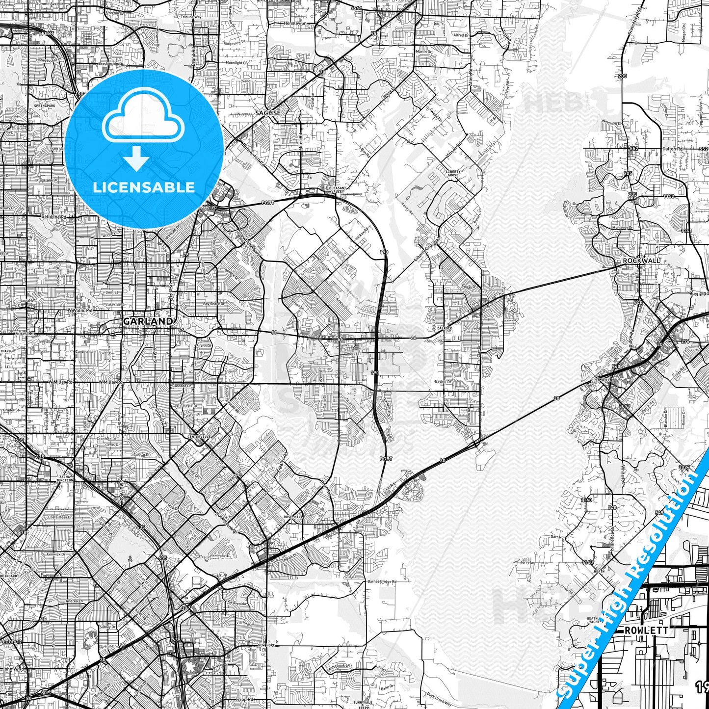 Rowlett, Texas light map with streetnames, citynames and districts