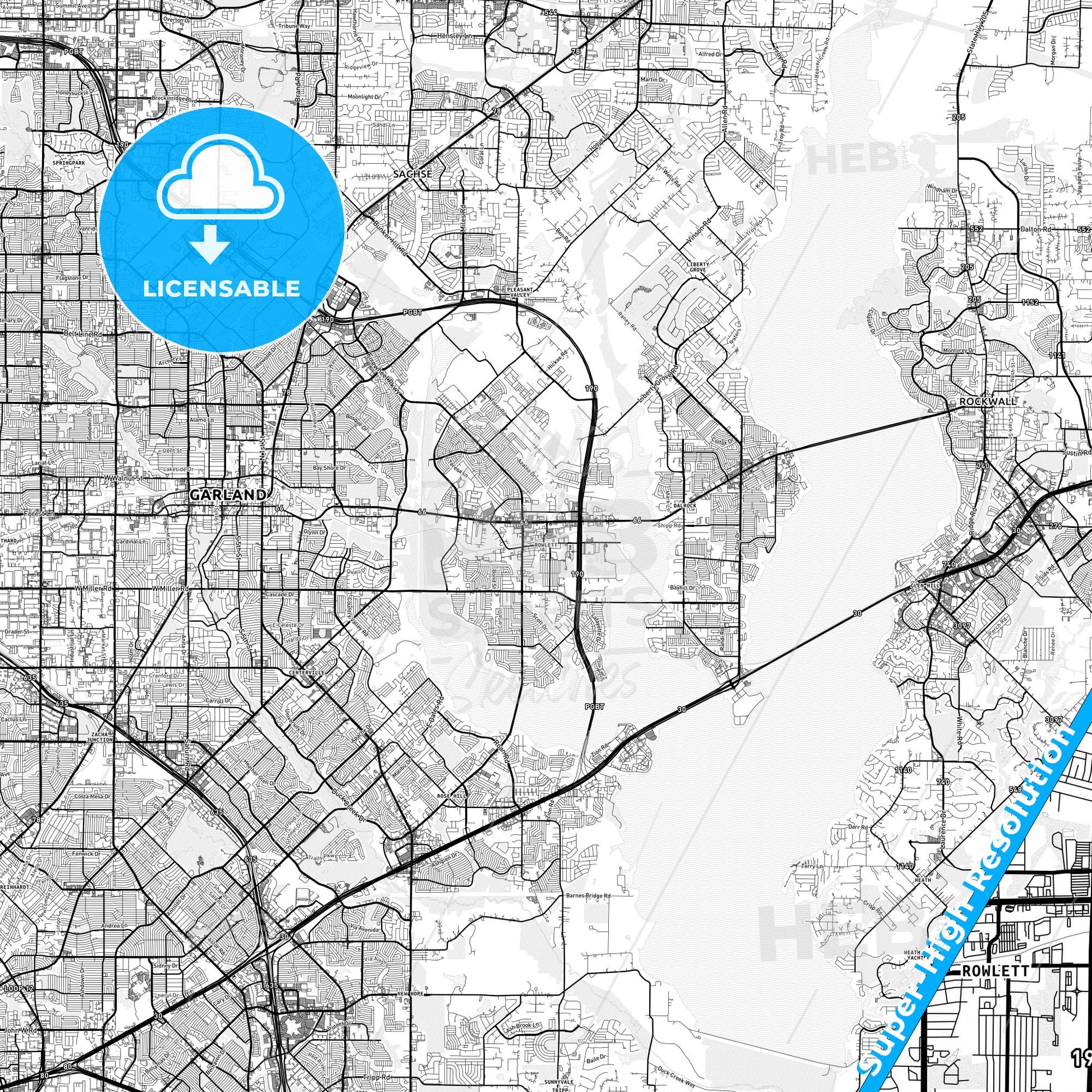 Rowlett, Texas light map with streetnames, citynames and districts