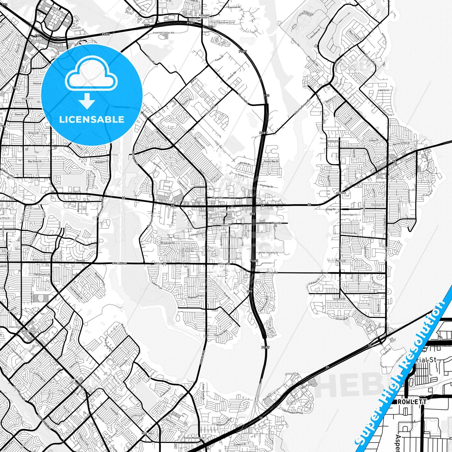 Rowlett, Texas Light Map with Street Names, City Names, and Districts