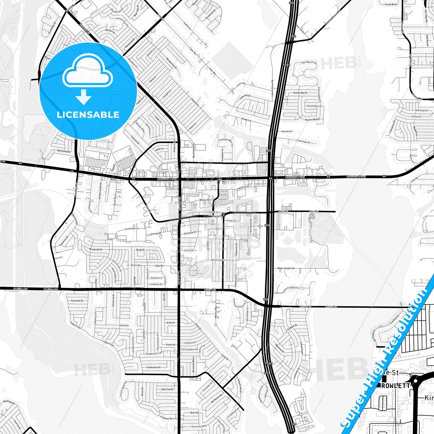 Rowlett, Texas Light Map with Street Names, City Names, and Districts