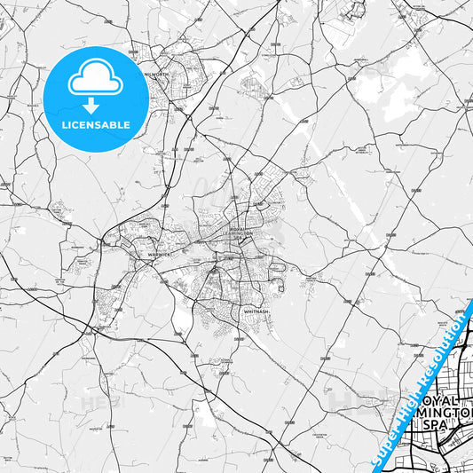 Royal Leamington Spa, England light map with streetnames, citynames and districts