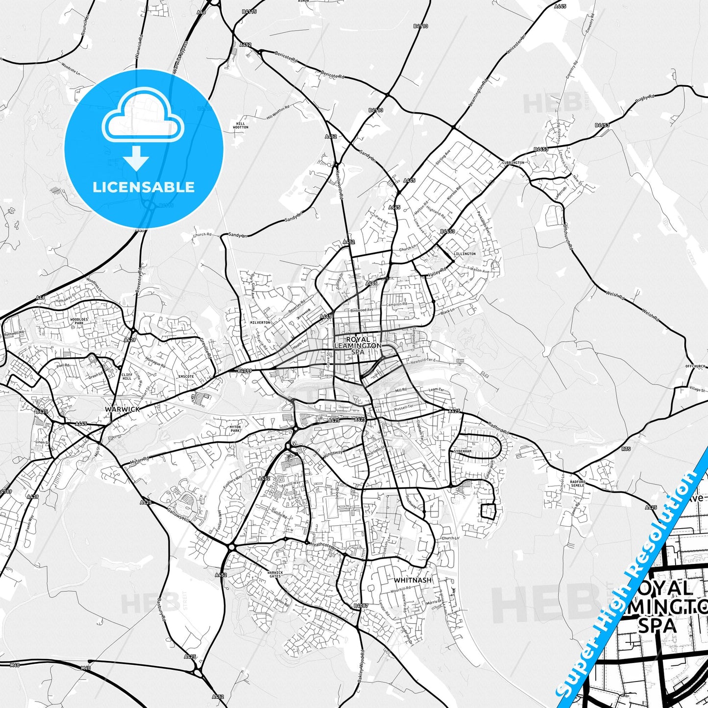 Royal Leamington Spa, England Light Map with Street Names, City Names, and Districts