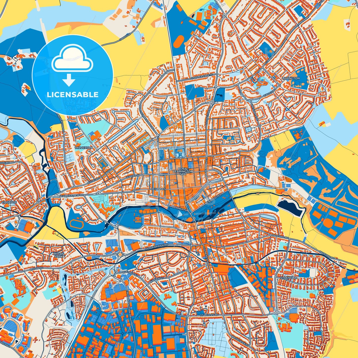 Colorful Royal Leamington Spa Street Map with Labels and Buildings