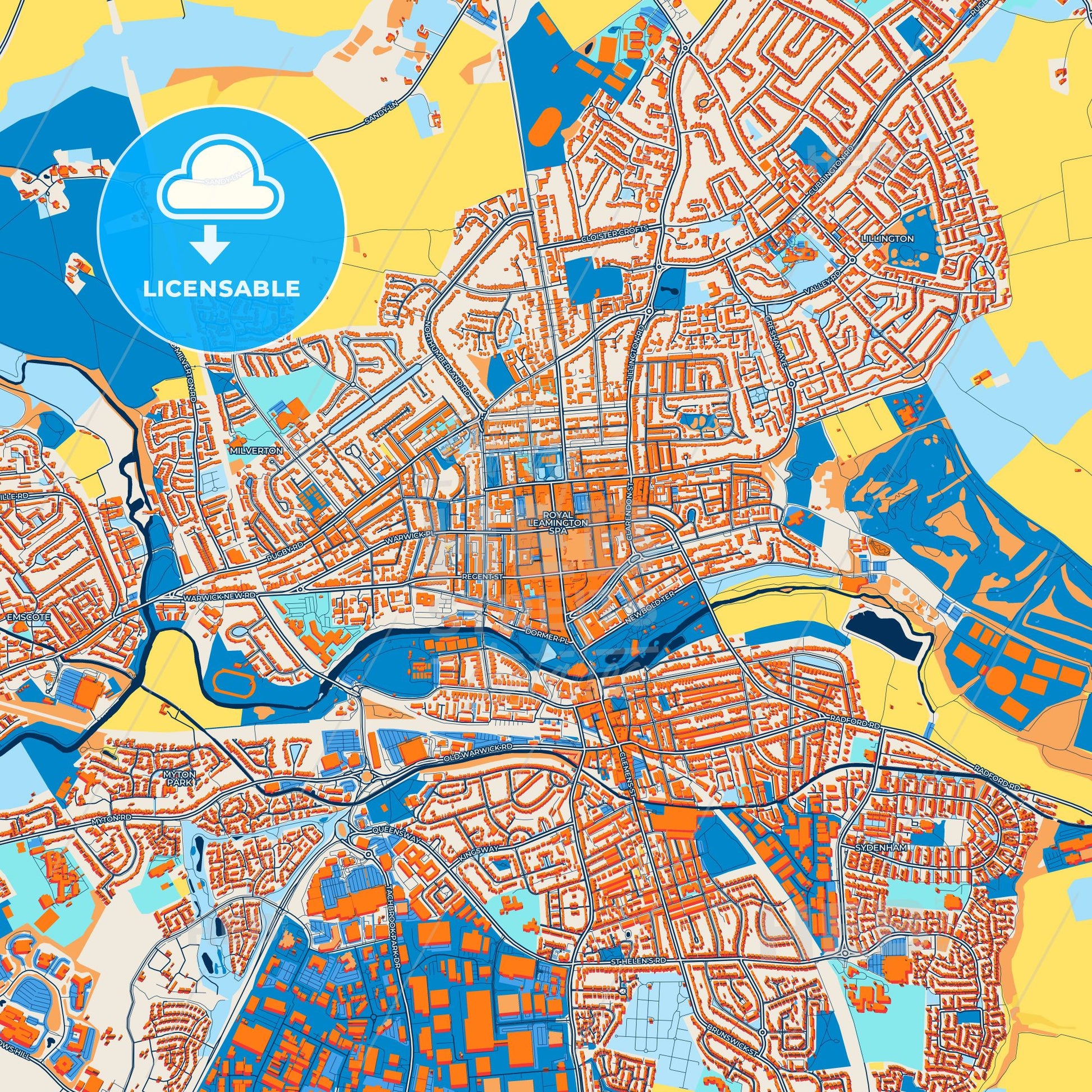 Colorful Royal Leamington Spa Street Map with Labels and Buildings