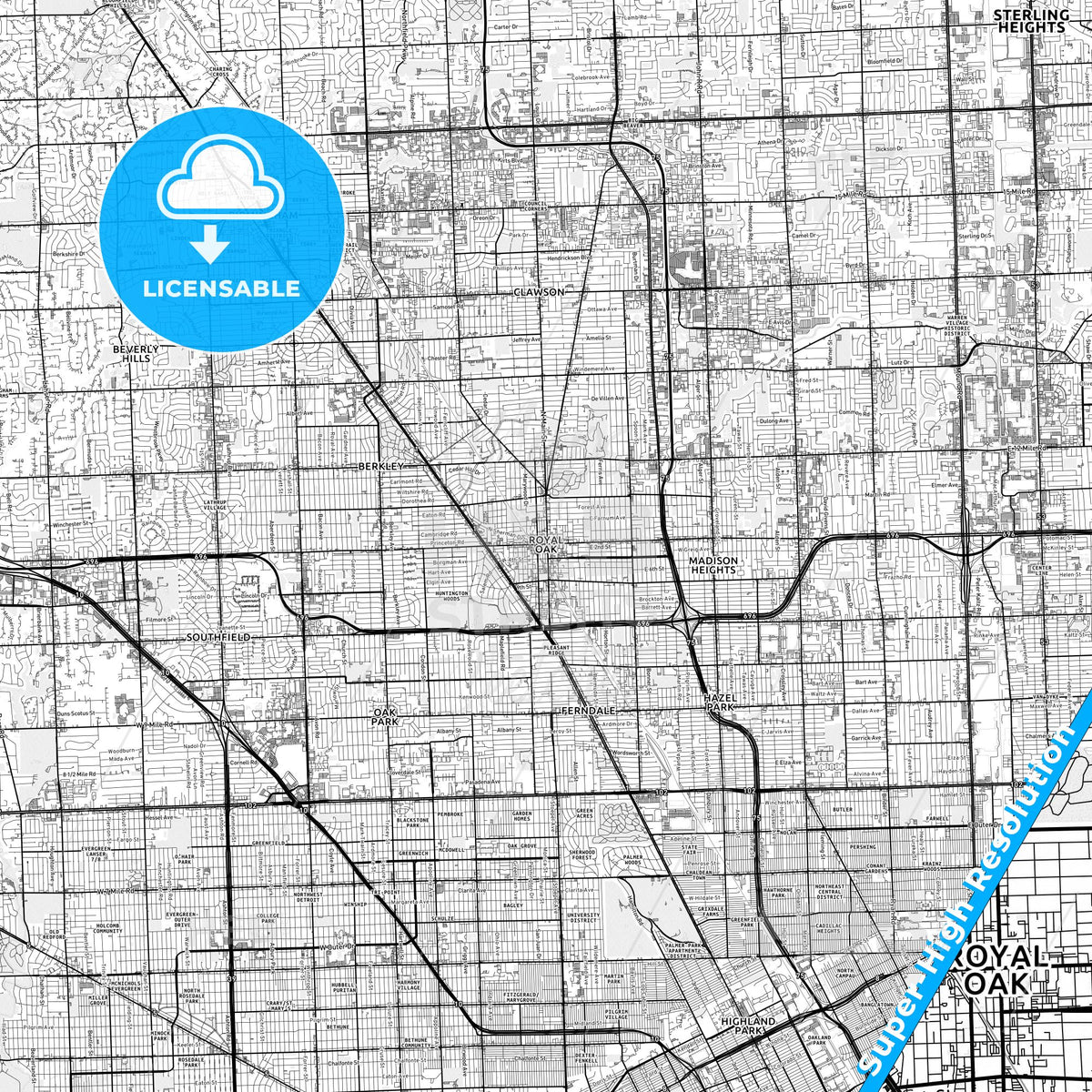 Royal Oak, Michigan light map with streetnames, citynames and districts
