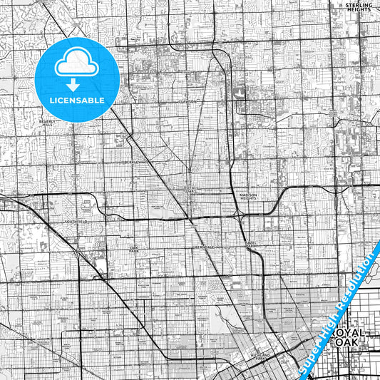Royal Oak, Michigan light map with streetnames, citynames and districts