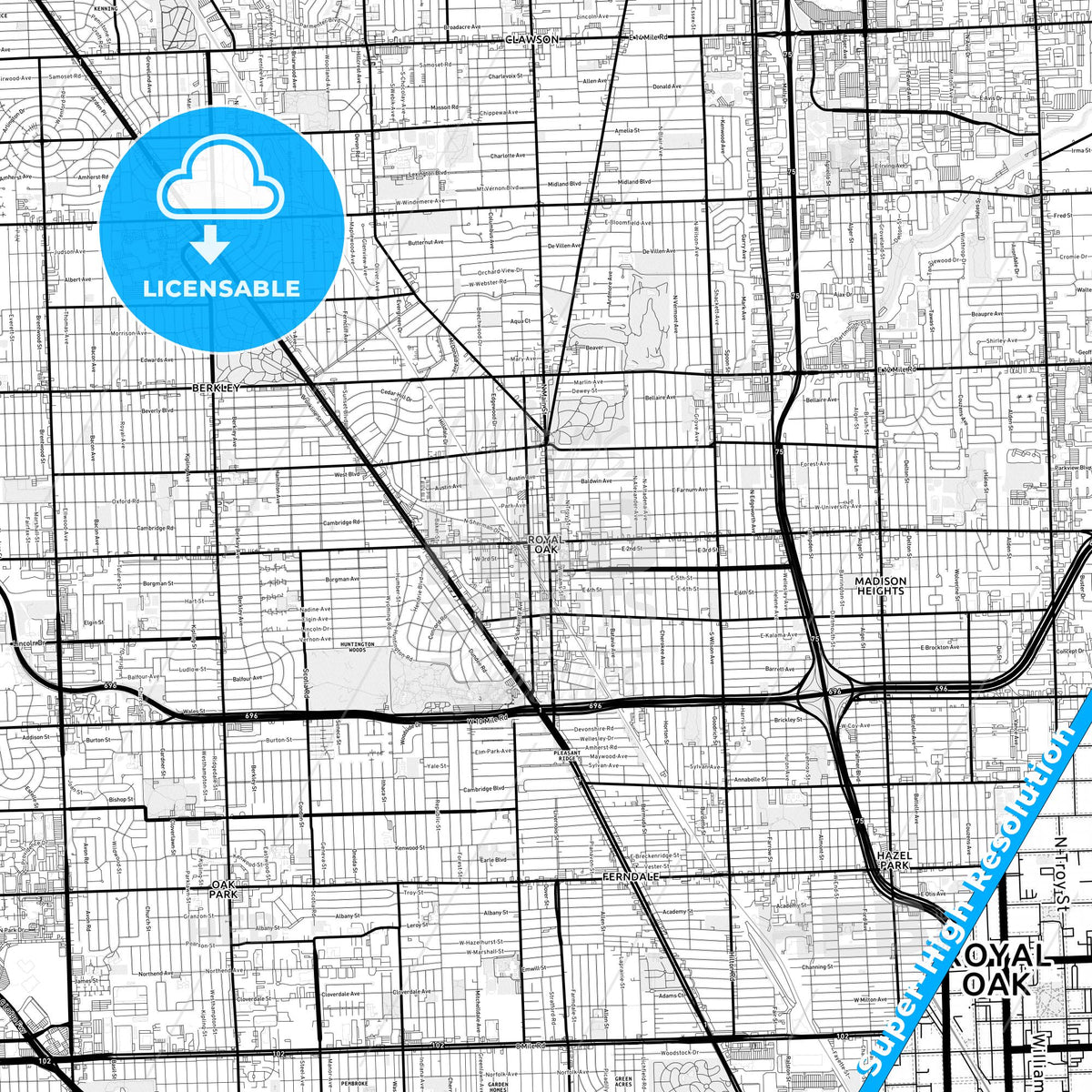 Royal Oak, Michigan Light Map with Street Names, City Names, and Districts