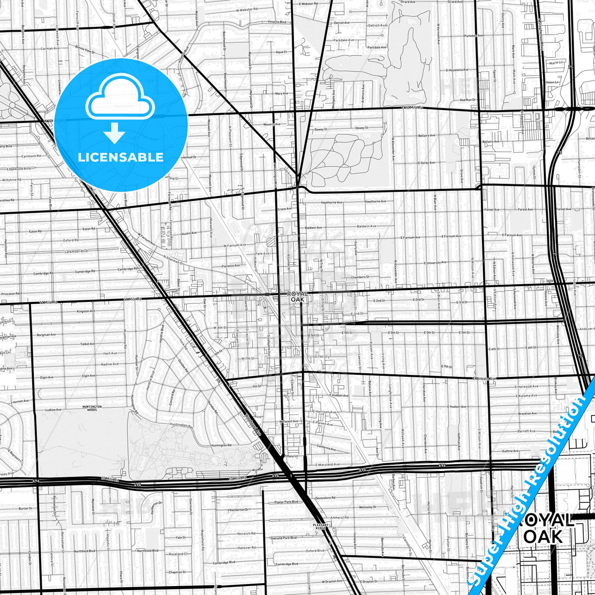 Royal Oak, Michigan Light Map with Street Names, City Names, and Districts