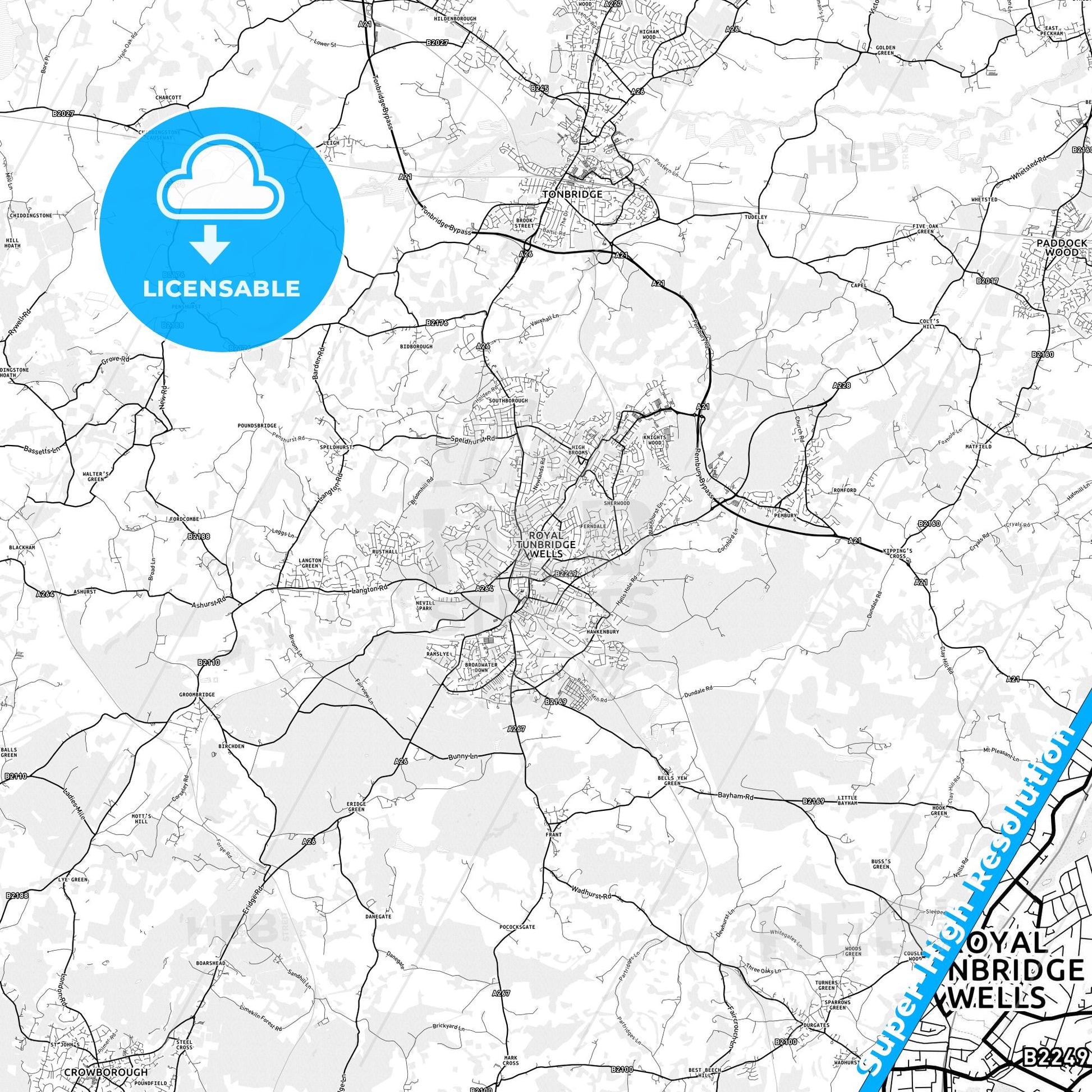 Royal Tunbridge Wells, England light map with streetnames, citynames and districts