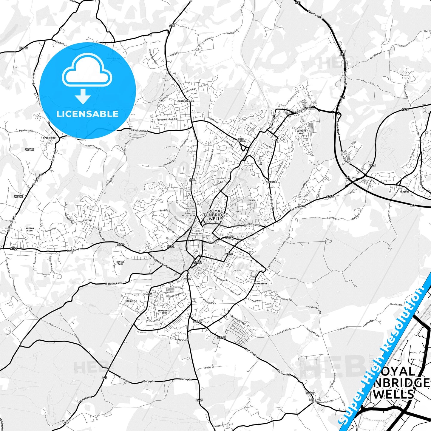 Royal Tunbridge Wells, England Light Map with Street Names, City Names, and Districts