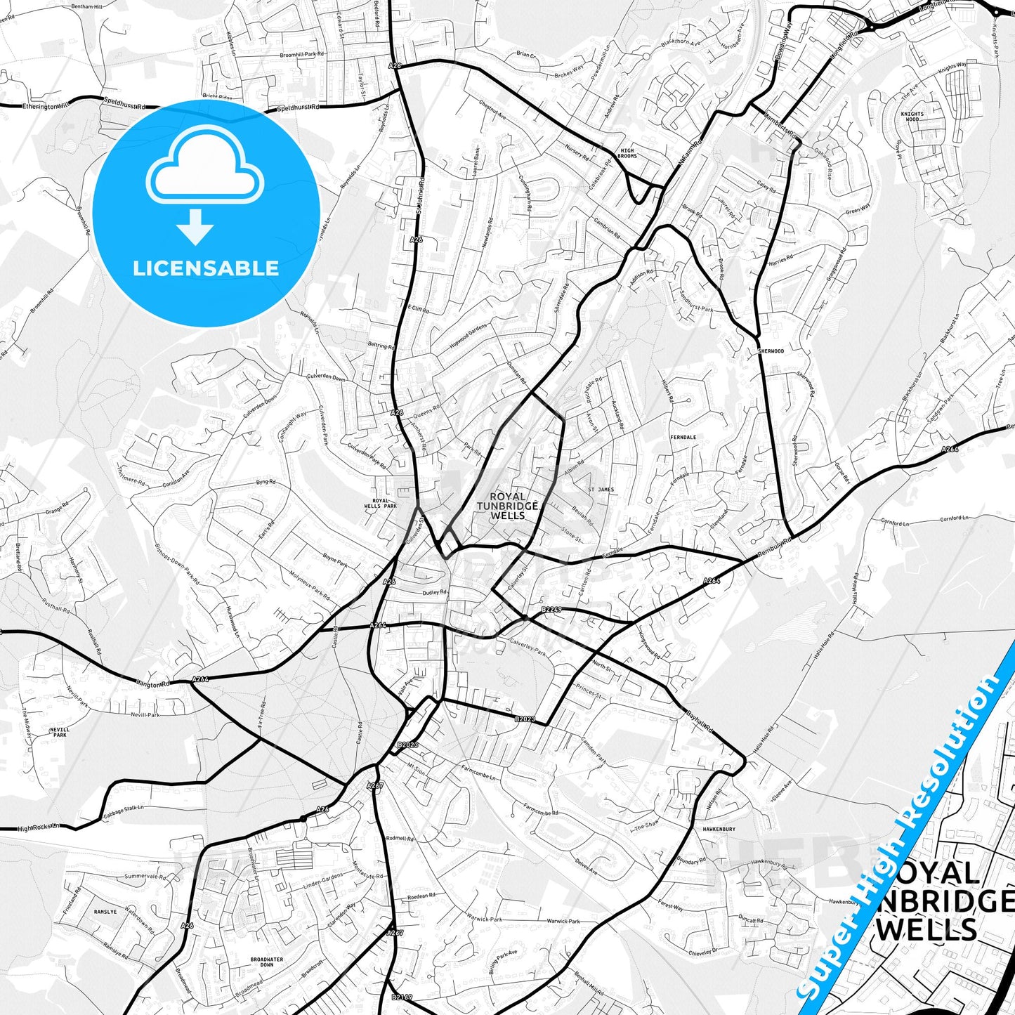 Royal Tunbridge Wells, England Light Map with Street Names, City Names, and Districts